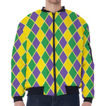 Purple Green And Yellow Mardi Gras Print Zip Sleeve Bomber Jacket