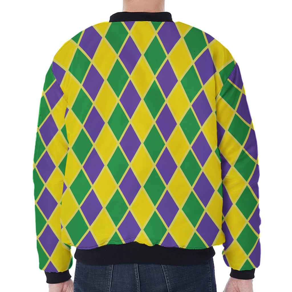 Purple Green And Yellow Mardi Gras Print Zip Sleeve Bomber Jacket