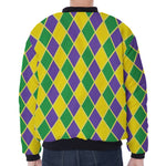 Purple Green And Yellow Mardi Gras Print Zip Sleeve Bomber Jacket