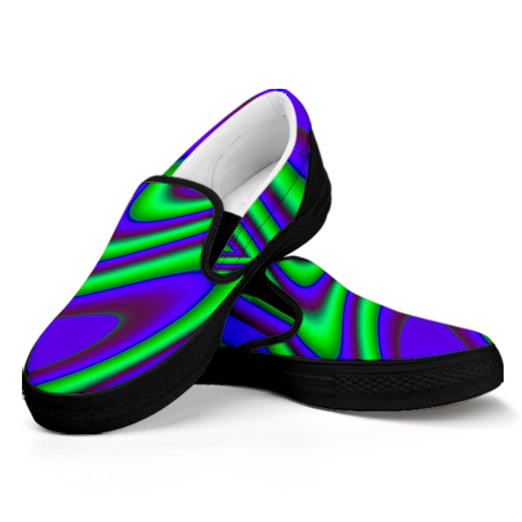 Purple Green Psychedelic Trippy Print Black Slip On Sneakers