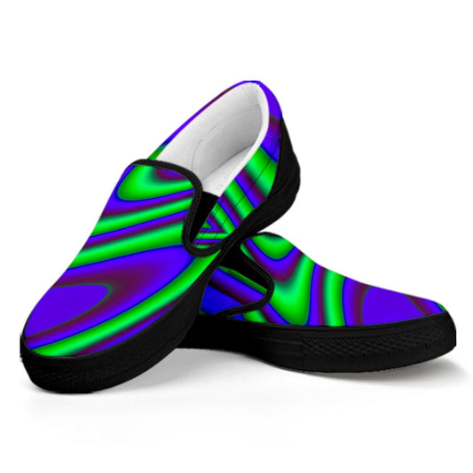 Purple Green Psychedelic Trippy Print Black Slip On Sneakers