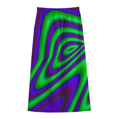 Purple Green Psychedelic Trippy Print Cotton Front Slit Maxi Skirt