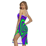 Purple Green Psychedelic Trippy Print Cross Back Cami Dress
