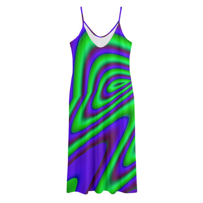 Purple Green Psychedelic Trippy Print Jersey Midi Cami Dress