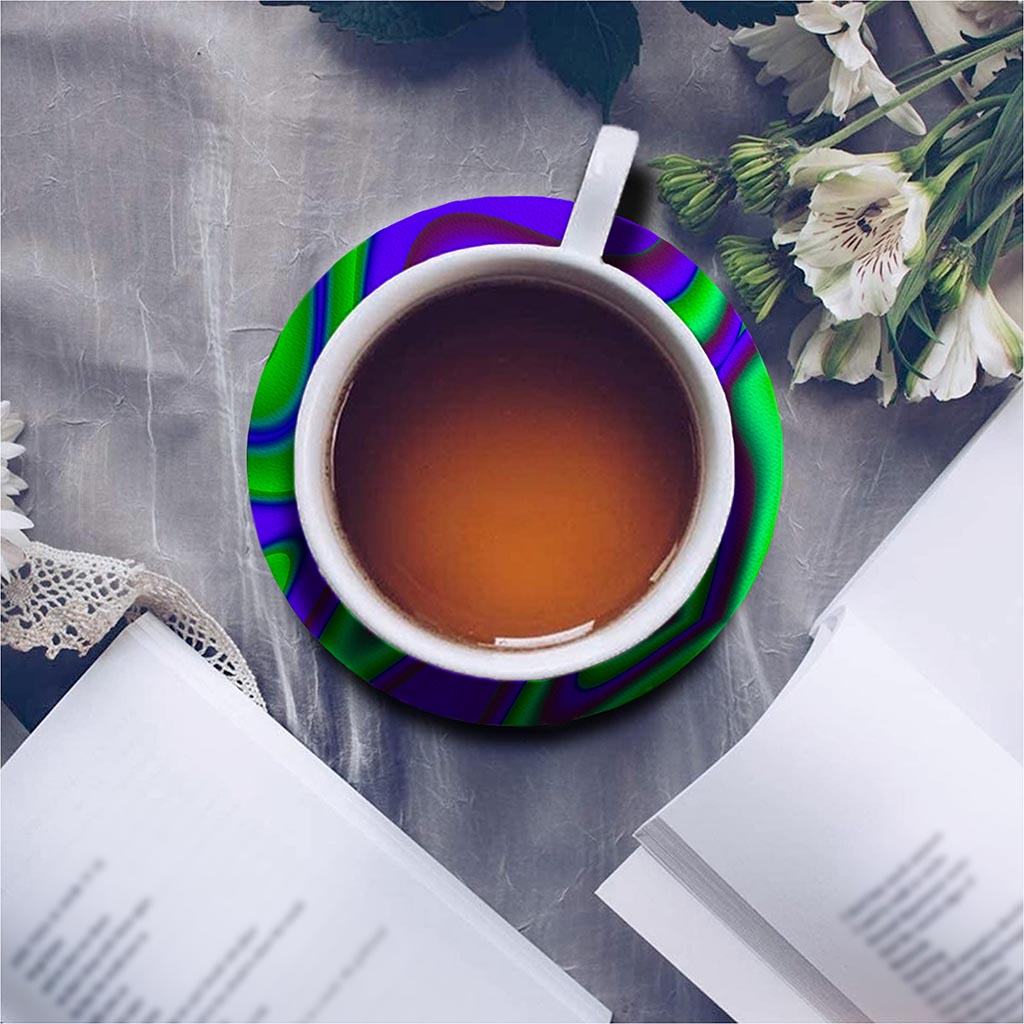 Purple Green Psychedelic Trippy Print Leather Coaster Set