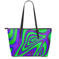 Purple Green Psychedelic Trippy Print Leather Tote Bag With Zipper