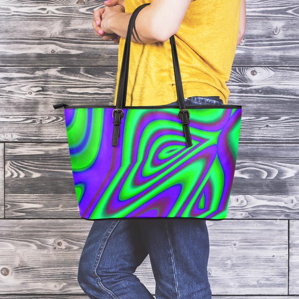 Purple Green Psychedelic Trippy Print Leather Tote Bag