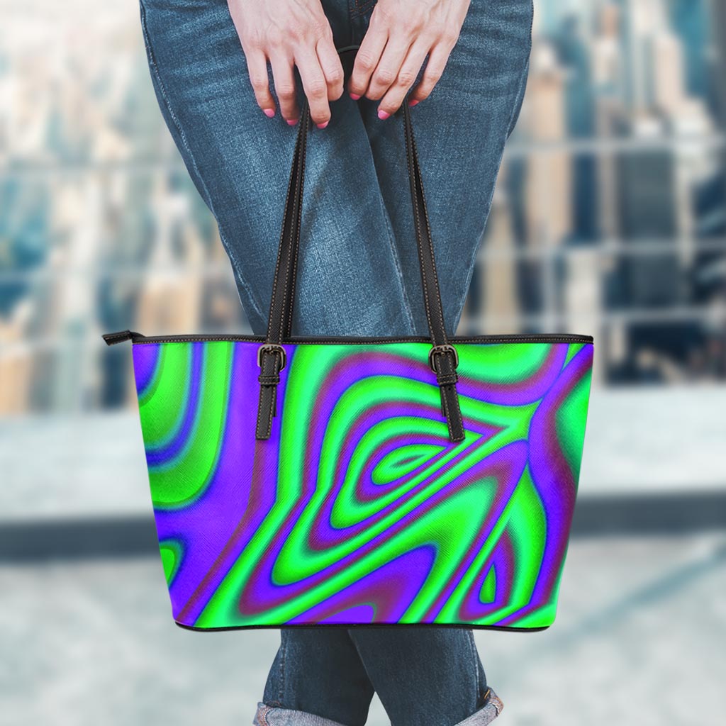 Purple Green Psychedelic Trippy Print Leather Tote Bag