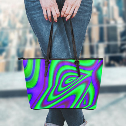 Purple Green Psychedelic Trippy Print Leather Tote Bag