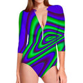 Purple Green Psychedelic Trippy Print Long Sleeve Swimsuit
