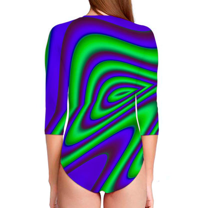 Purple Green Psychedelic Trippy Print Long Sleeve Swimsuit