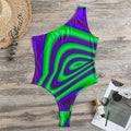 Purple Green Psychedelic Trippy Print One Shoulder Bodysuit