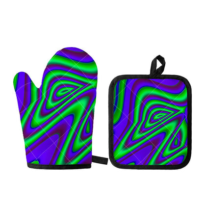 Purple Green Psychedelic Trippy Print Oven Mitt And Pot Holder Set