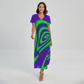 Purple Green Psychedelic Trippy Print Short Sleeve Maxi Dress