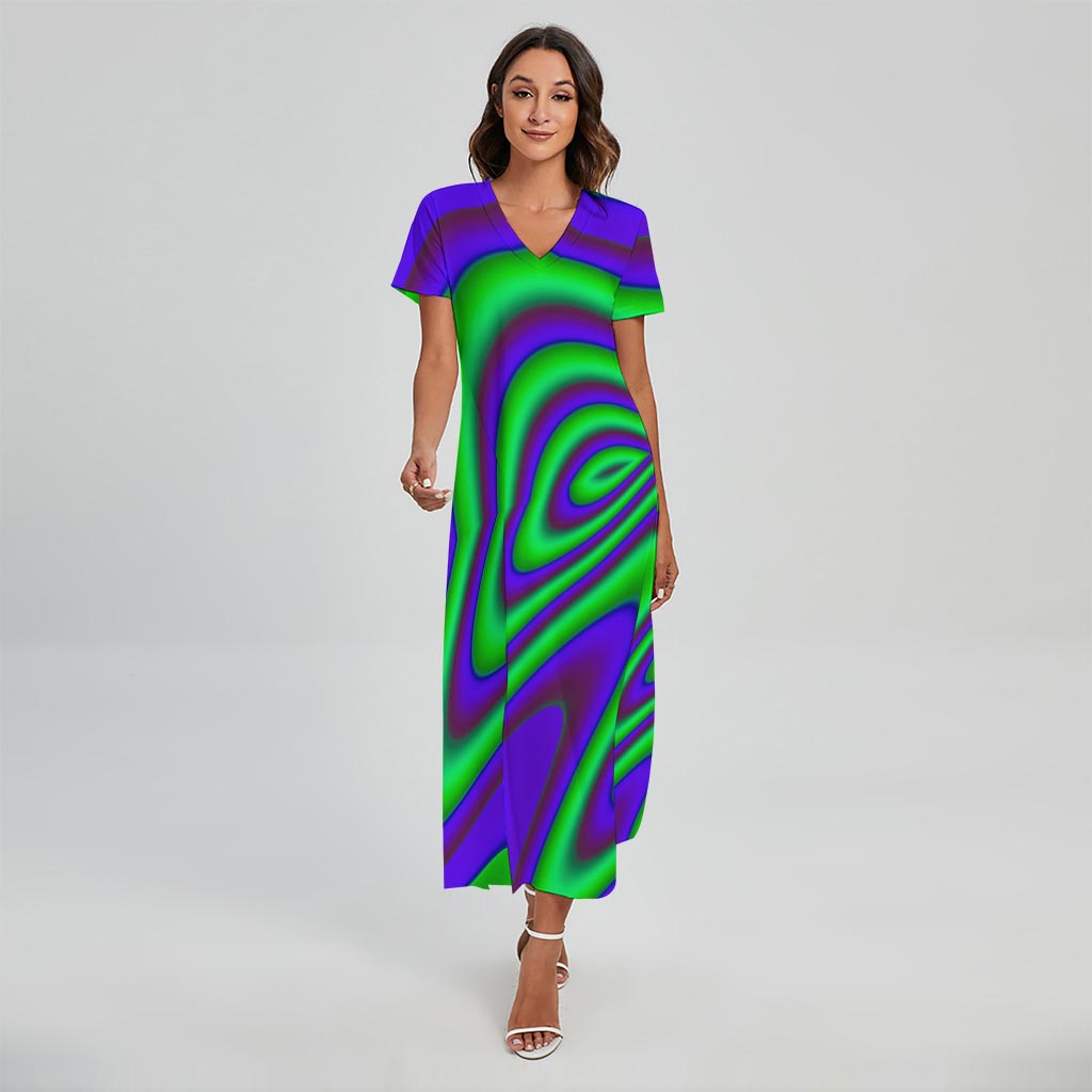 Purple Green Psychedelic Trippy Print Short Sleeve Maxi Dress
