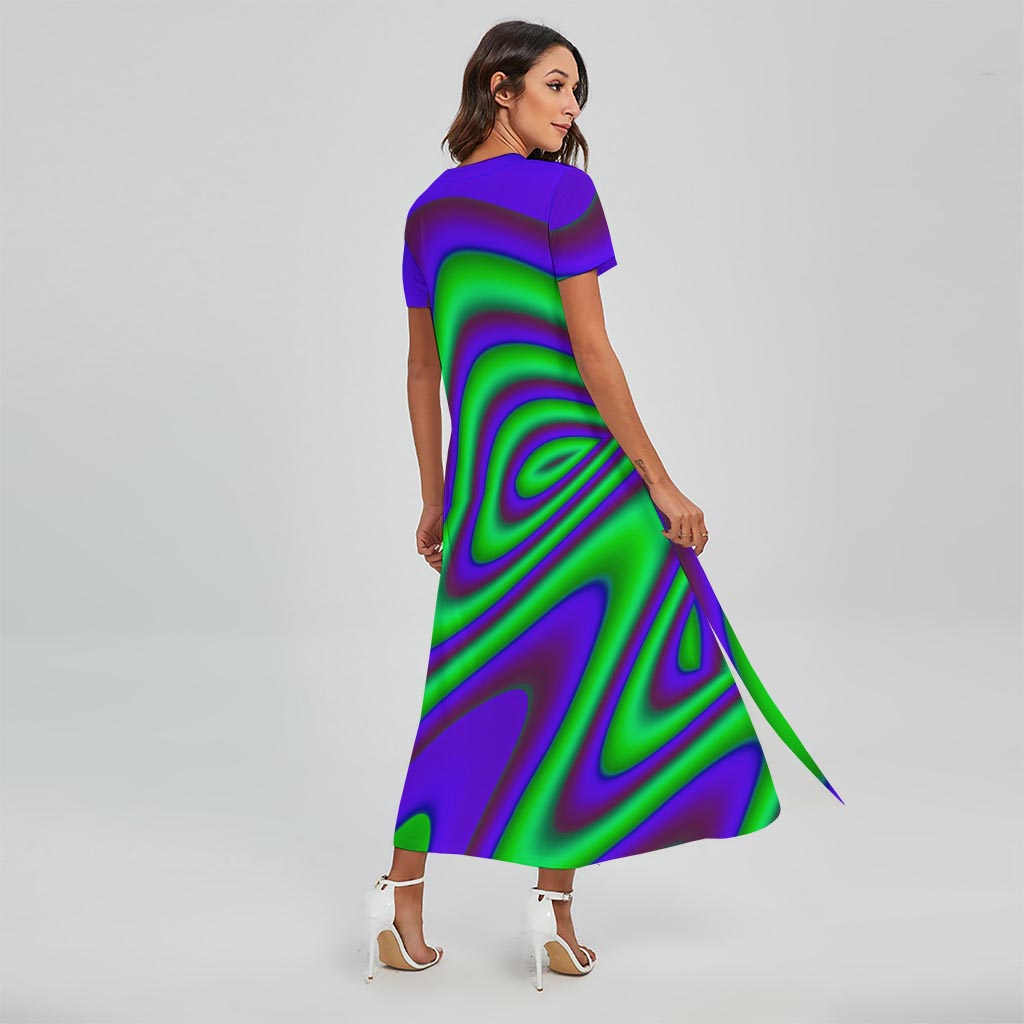 Purple Green Psychedelic Trippy Print Short Sleeve Maxi Dress