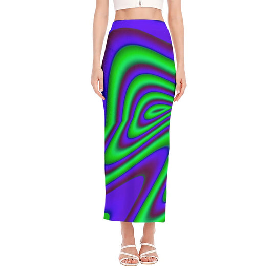 Purple Green Psychedelic Trippy Print Side Slit Maxi Skirt