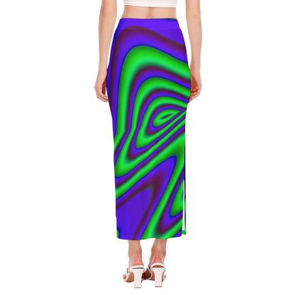 Purple Green Psychedelic Trippy Print Side Slit Maxi Skirt
