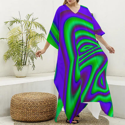 Purple Green Psychedelic Trippy Print Silk V-Neck Kaftan Dress