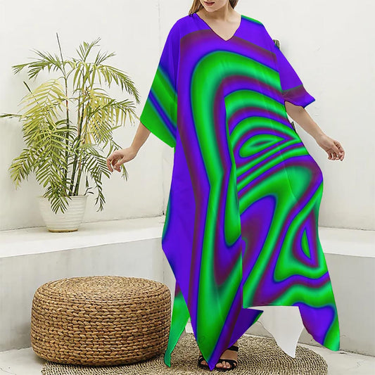 Purple Green Psychedelic Trippy Print Silk V-Neck Kaftan Dress