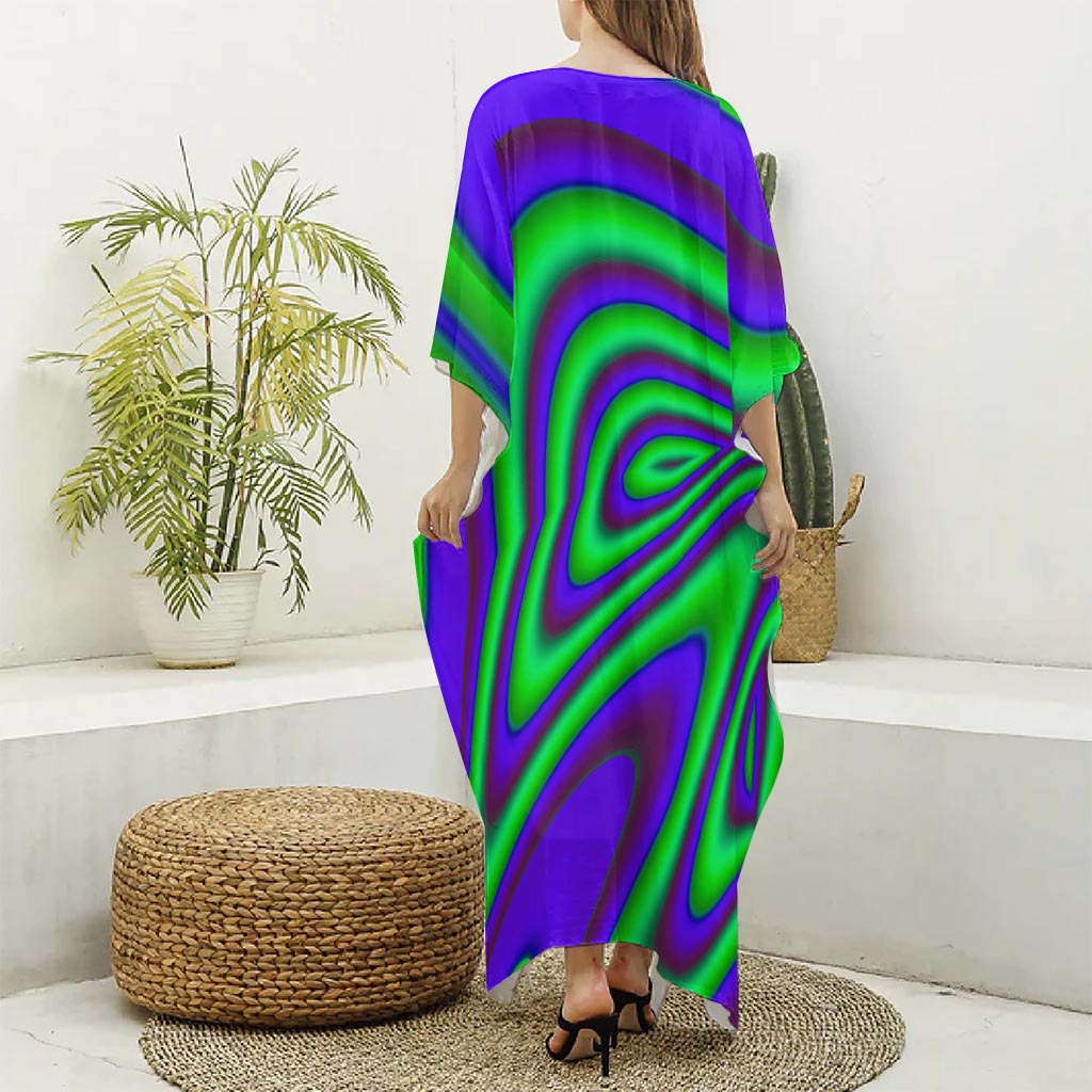 Purple Green Psychedelic Trippy Print Silk V-Neck Kaftan Dress