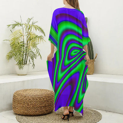 Purple Green Psychedelic Trippy Print Silk V-Neck Kaftan Dress