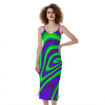 Purple Green Psychedelic Trippy Print Slim Fit Midi Cami Dress