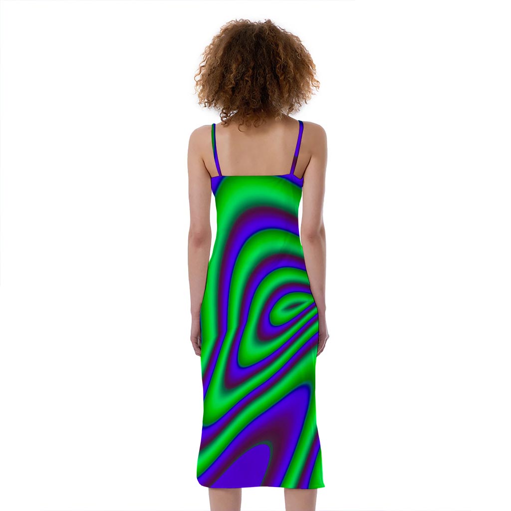 Purple Green Psychedelic Trippy Print Slim Fit Midi Cami Dress