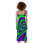 Purple Green Psychedelic Trippy Print Slim Fit Midi Cami Dress