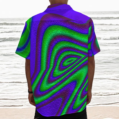 Purple Green Psychedelic Trippy Print Textured Short Sleeve Shirt