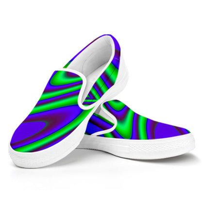 Purple Green Psychedelic Trippy Print White Slip On Sneakers