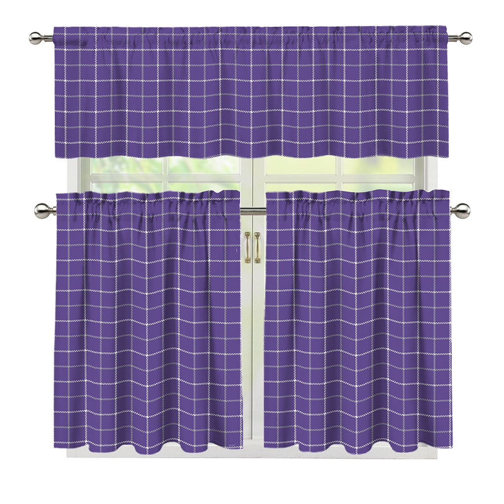 Purple Grey And White Tattersall Print 3 Piece Kitchen Curtains