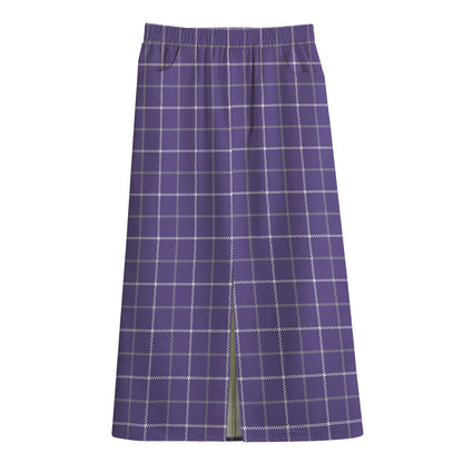 Purple Grey And White Tattersall Print Cotton Front Slit Maxi Skirt