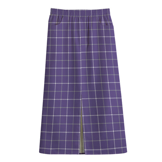 Purple Grey And White Tattersall Print Cotton Front Slit Maxi Skirt