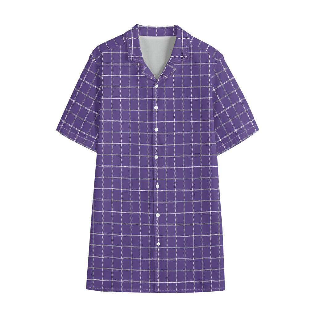 Purple Grey And White Tattersall Print Cotton Hawaiian Shirt