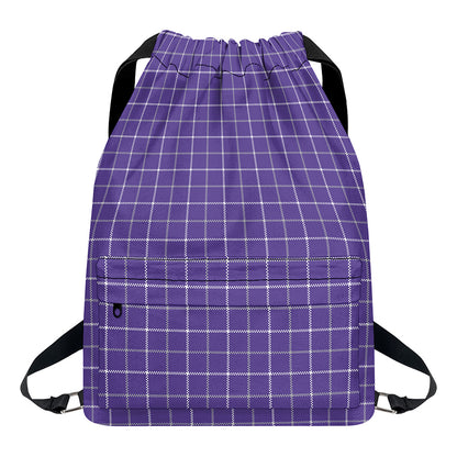 Purple Grey And White Tattersall Print Drawstring Backpack