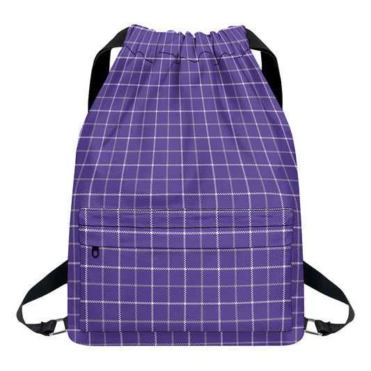 Purple Grey And White Tattersall Print Drawstring Backpack