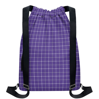 Purple Grey And White Tattersall Print Drawstring Backpack