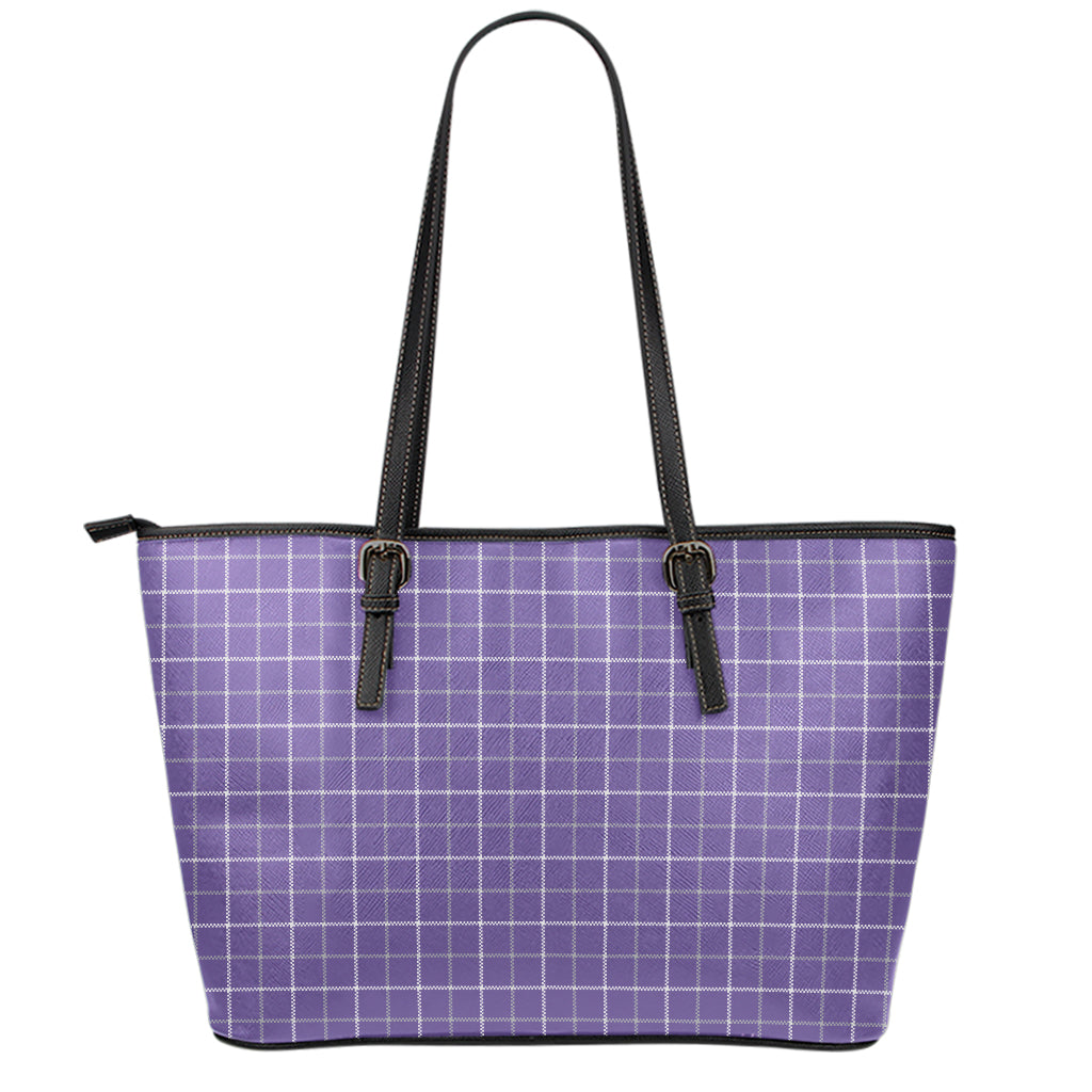 Purple Grey And White Tattersall Print Leather Tote Bag