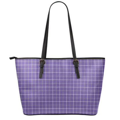 Purple Grey And White Tattersall Print Leather Tote Bag