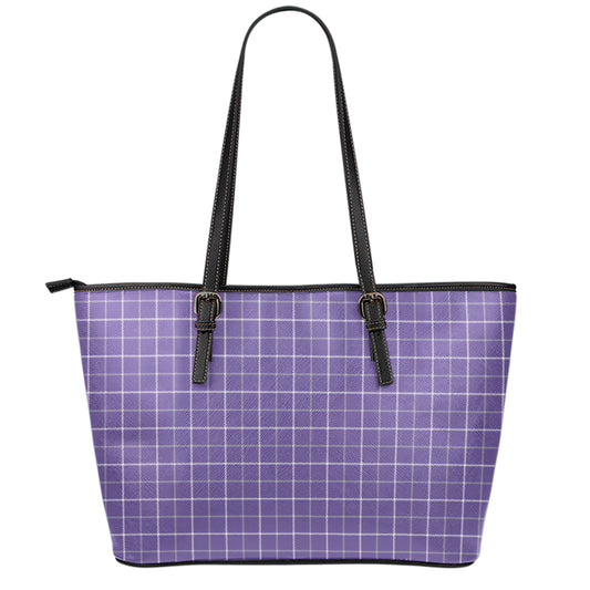 Purple Grey And White Tattersall Print Leather Tote Bag
