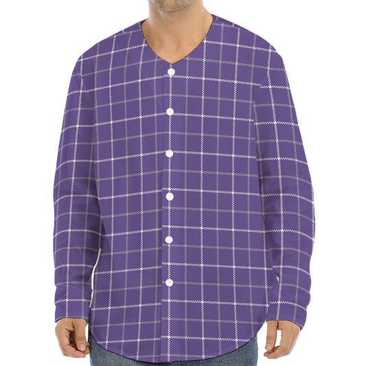 Purple Grey And White Tattersall Print Long Sleeve Baseball Jersey