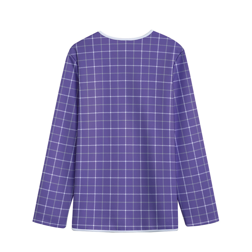 Purple Grey And White Tattersall Print Long Sleeve Short Coat