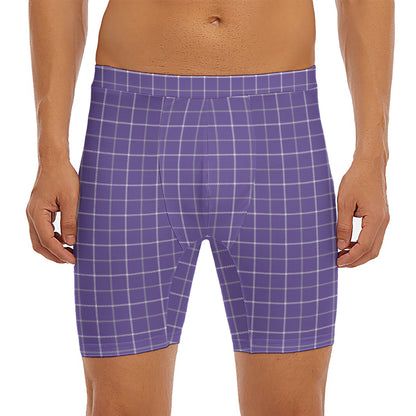 Purple Grey And White Tattersall Print Men's Long Boxer Briefs