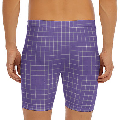 Purple Grey And White Tattersall Print Men's Long Boxer Briefs