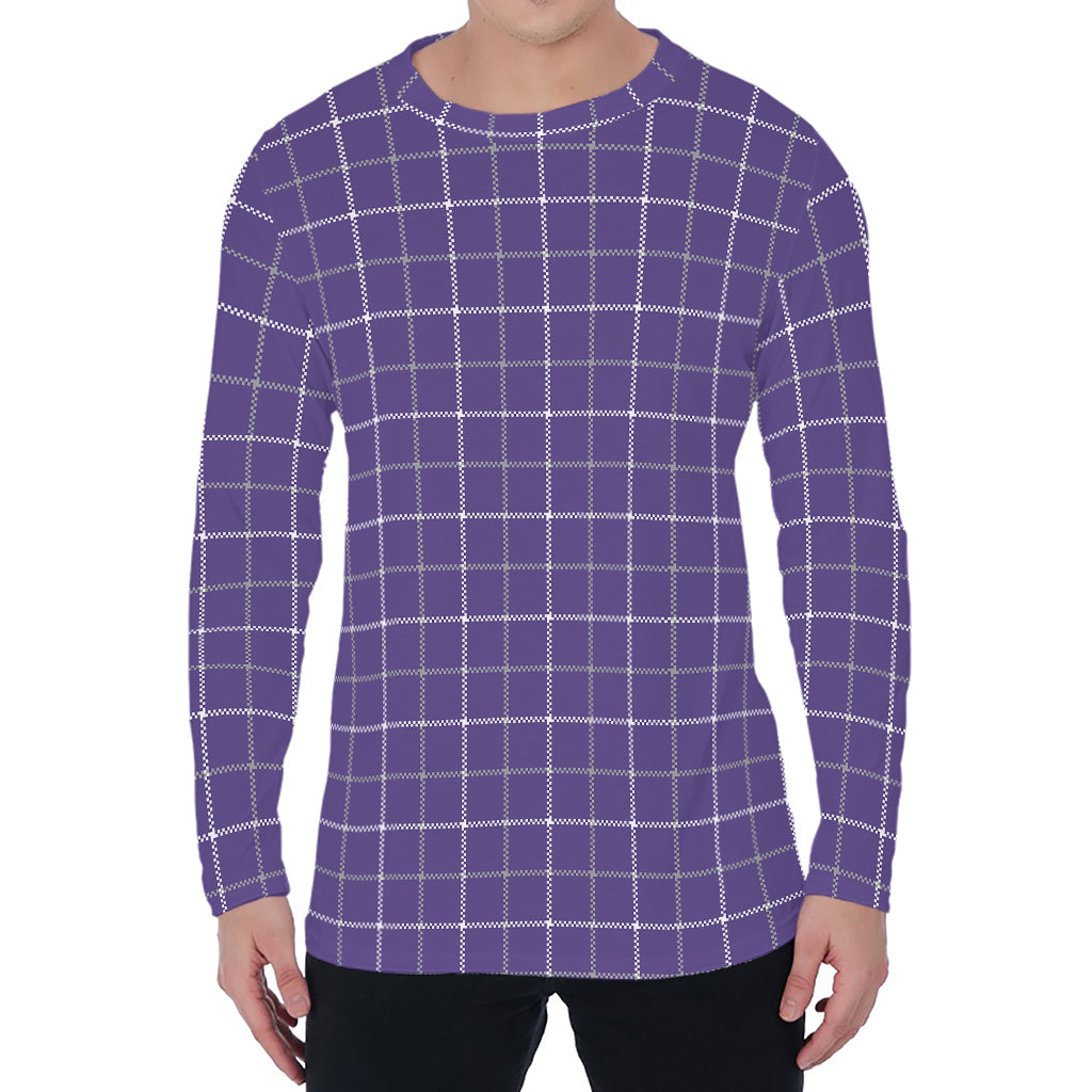 Purple Grey And White Tattersall Print Men's Long Sleeve T-Shirt
