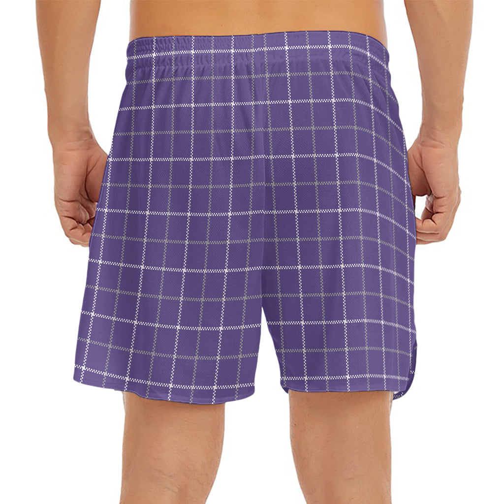 Purple Grey And White Tattersall Print Men's Split Running Shorts
