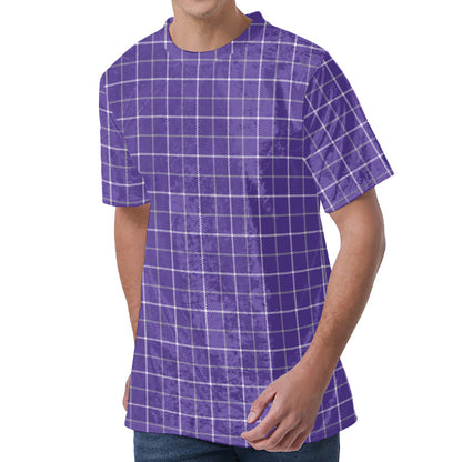 Purple Grey And White Tattersall Print Men's Velvet T-Shirt