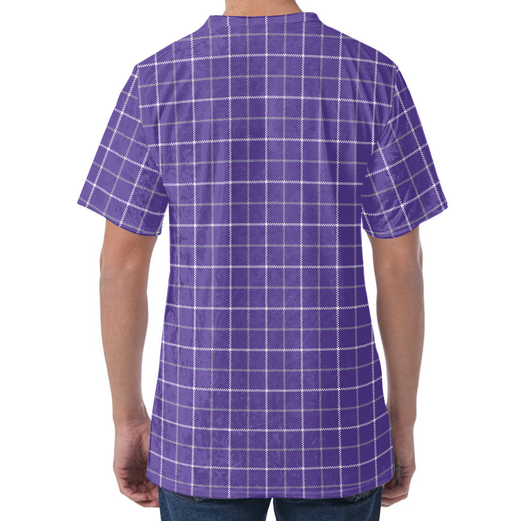 Purple Grey And White Tattersall Print Men's Velvet T-Shirt