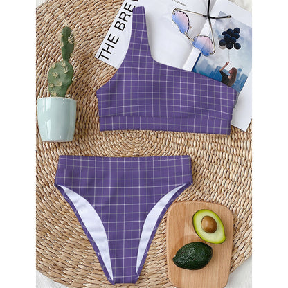 Purple Grey And White Tattersall Print One Shoulder Bikini Top
